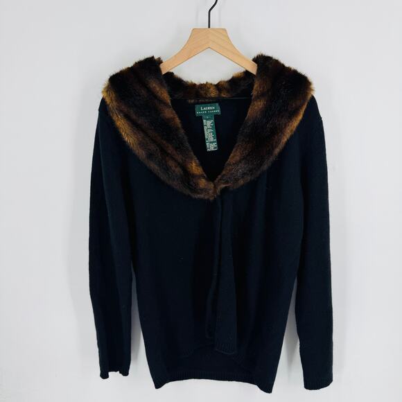 Lauren Ralph Lauren Black Merino Cashmere Angora Cardigan Faux Fur Collar Size L - Picture 1 of 9